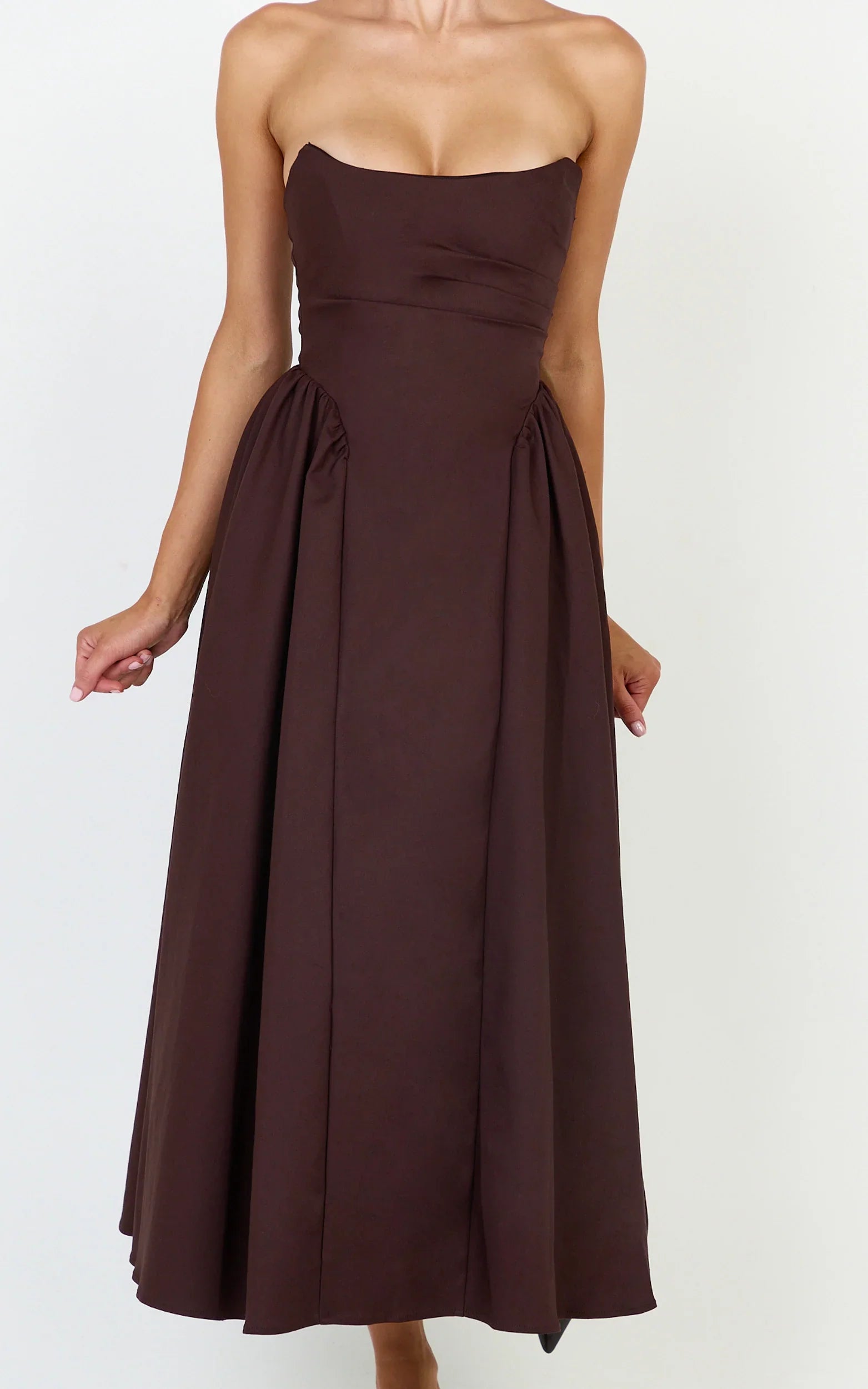 Amara Maxi Dress - Strapless Fit And Flare Dress in Chocolate
