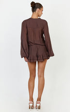 Marina Top - Sheer Full Sleeve Button Up Blouse in Chocolate