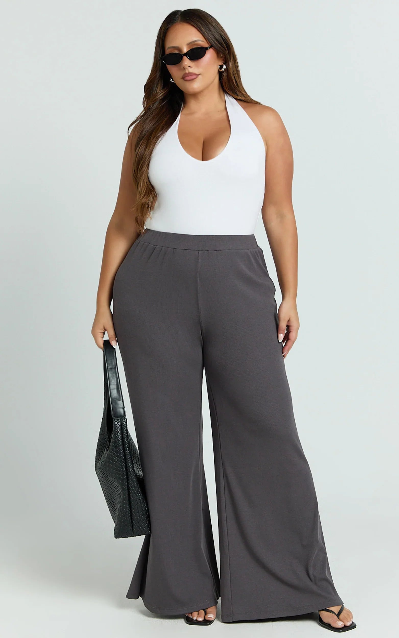 Amalthea Pants - High Waisted Jersey Rib Wide Leg Pants in Charcoal