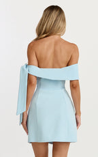 Cecilia Mini Dress - Off Shoulder Tie Detail Dress in Pale Blue