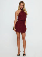 Eurythmic Scarf Halter Mini Dress Burgundy Jacquard