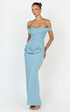 Thalassa Maxi Dress - Lace Off Shoulder Contrast Draped Cowl Waist Dress in Light Blue