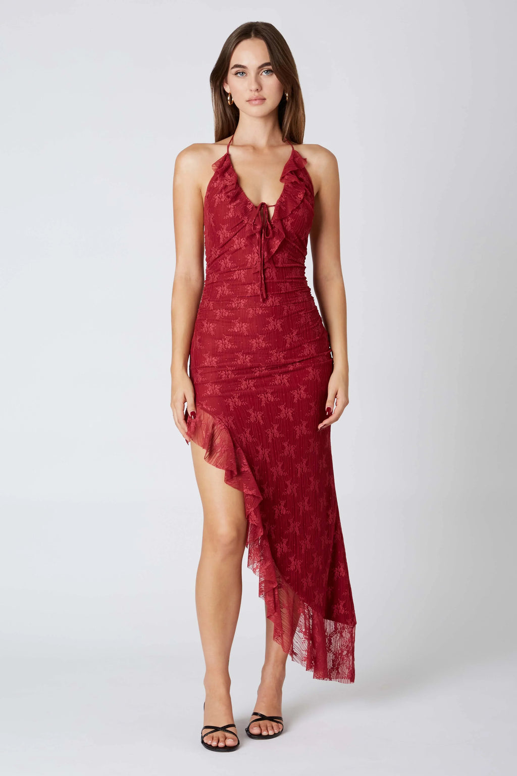 Lace Halter Asymmetrical Midi Dress