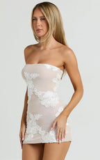Shelby Mini Dress - Strapless Rosette Bodycon Dress in White