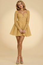 Plunge Neck Tulle Mini Dress in Gold