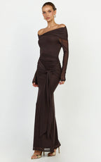 Waverly Maxi Dress - Long Sleeve Off Shoulder Dress in Chocolate