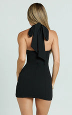 Zahra Mini Dress - Halter Tie Square Neck Bodycon Dress in Black
