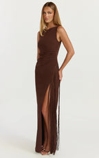Joanne Maxi Dress - Scoop Neck Fringe Dress in Chocolate