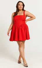 Aimee Mini Dress - Scoop Neck Corset Gathered Dress in Red