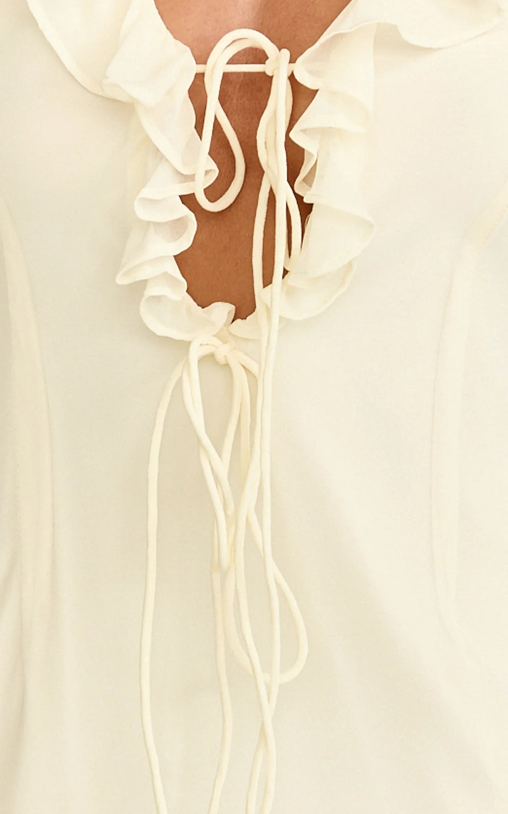 Alesya Mini Dress - Ruffle Plunge Neck Long Sleeve Tie Detail Dress in Cream