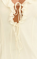 Alesya Mini Dress - Ruffle Plunge Neck Long Sleeve Tie Detail Dress in Cream