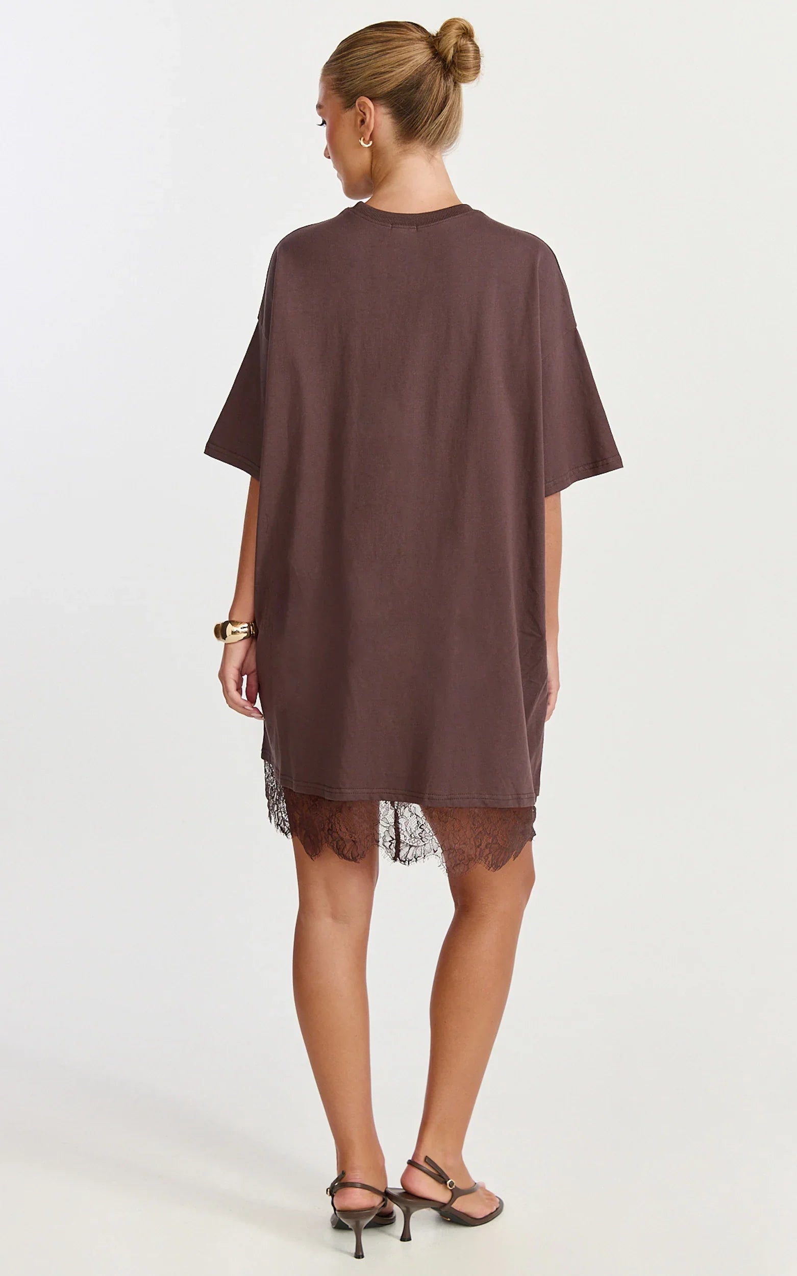 Rina Mini Dress - Mini Lace Trim Dress in Chocolate