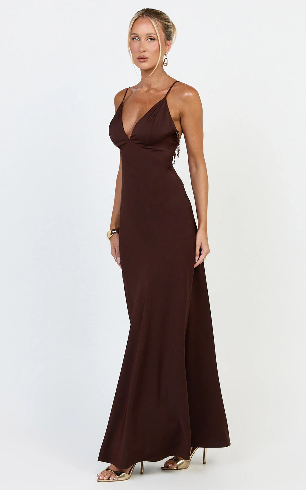 Azura Maxi Dress - Backless Beaded Trim Dress in Chocolate