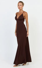 Azura Maxi Dress - Backless Beaded Trim Dress in Chocolate