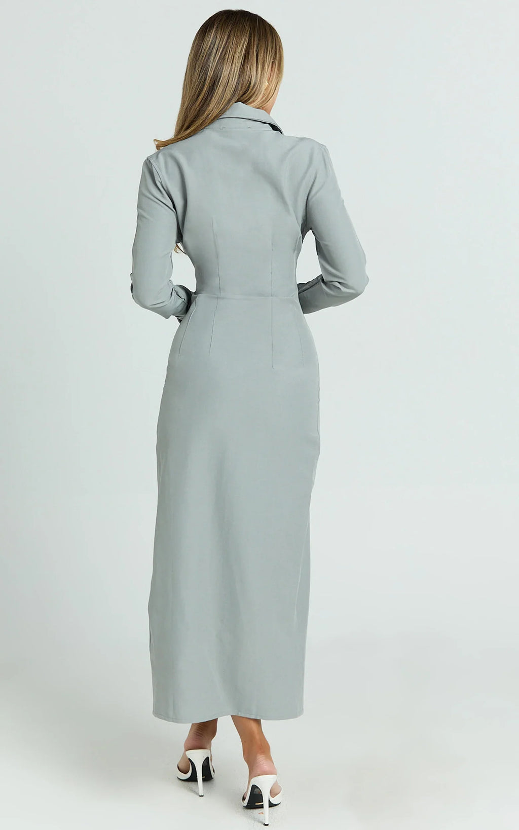 Genevieve Midi Dress - Slim Shirt Dress in Light Grey