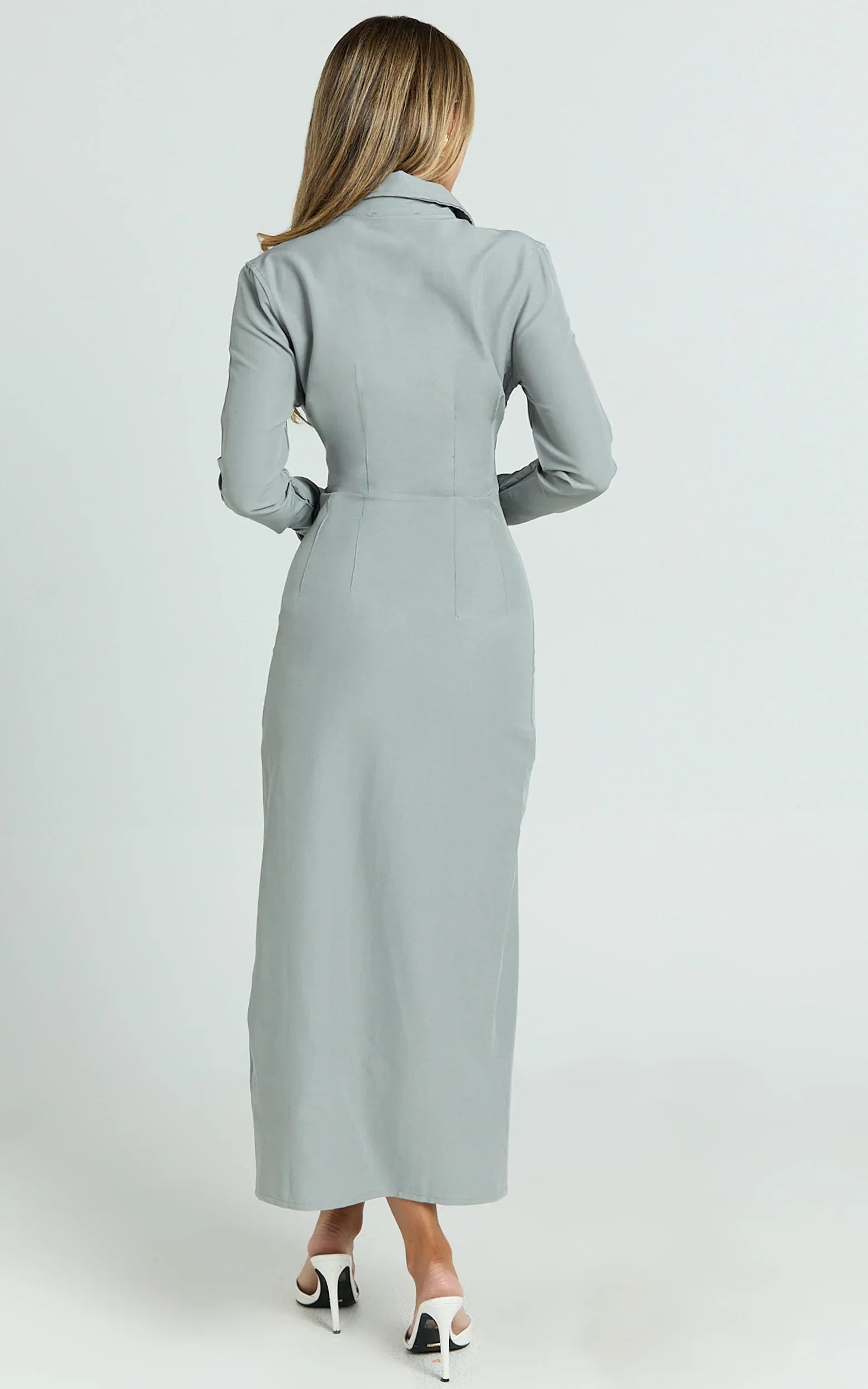 Genevieve Midi Dress - Slim Shirt Dress in Light Grey