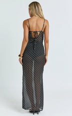 Dalton Maxi Dress - Cowl Neck Tie Back Dress in Black/White Polkadot