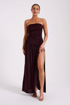 Bex Strapless Slinky Maxi Dress With Split - Burgundy