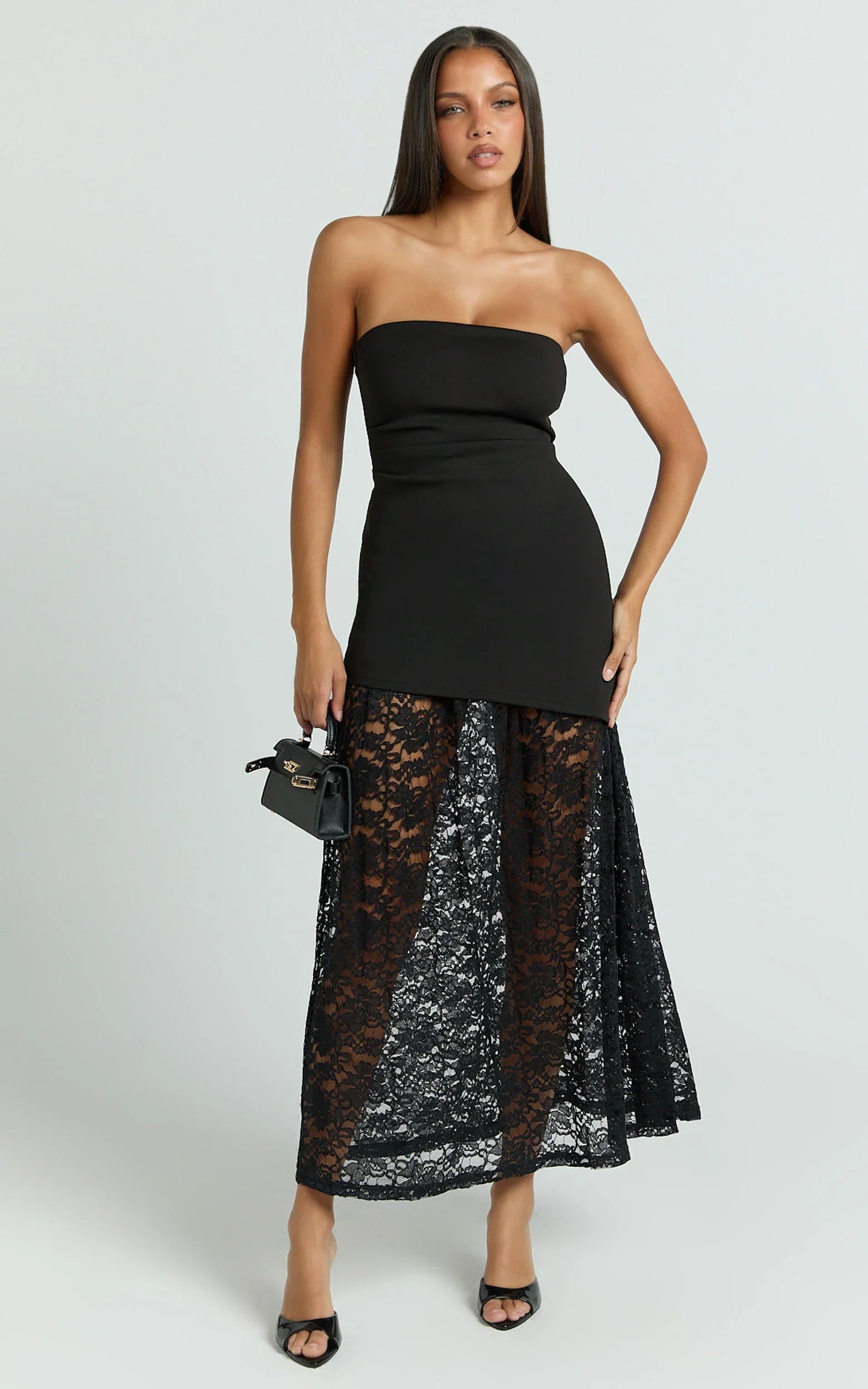 Mila Midi Dress - Strapless Dropped Waist Dress in Black