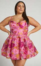 Brailey Mini Dress - Sweetheart Bustier Dress in Pink Jacquard