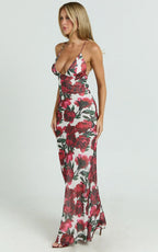 Lenny Maxi Dress - Bias Slip Lace Up Back Dress in Rose Blanca Floral