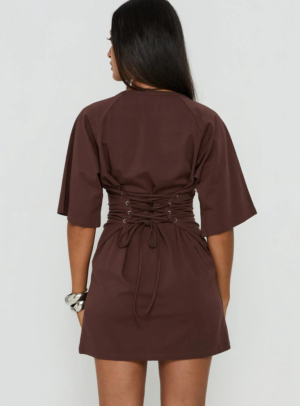 Enzia Raglan Lace Up Mini Dress Brown