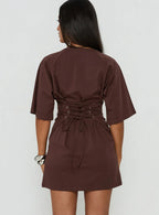 Enzia Raglan Lace Up Mini Dress Brown