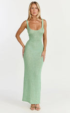 Jenna Maxi Dress - Scoop Neck Sleeveless Sequin Knit Dress in Sage