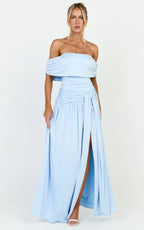 Bree Maxi Dress - Off Shoulder Draped Sash Dress in Blue