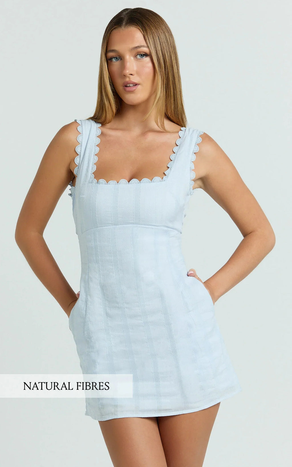 Sylvia Mini Dress - Square Neck Lace Trim A Line Mini Dress in Blue