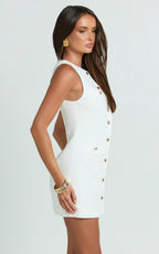 Alberta Mini Dress - Fitted Hardware Button Down Welt Pocket Dress in Off White