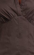 Gino Mini Dress - Collared Button Down Corset Waist Shirt Dress in Chocolate