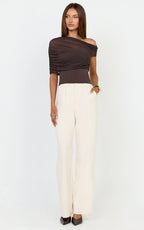 Sophia Top - Draped One Shoulder Mesh Overlay Top in Chocolate