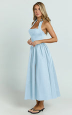Helda Midi Dress - Halter Tie Neck Corset Panel Dress in Soft Blue