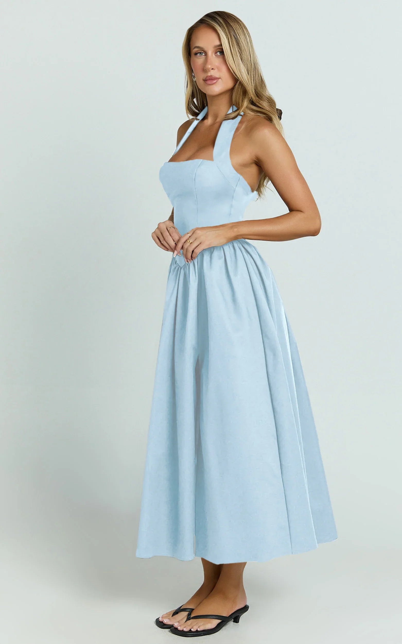 Helda Midi Dress - Halter Tie Neck Corset Panel Dress in Soft Blue