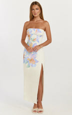 Astra Midi Dress - Strapless Split Leg Column Dress in Astra Posey Floral Print