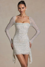 Embellished Draped Cowl-Neck Mini Dress in White