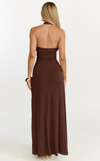 Odile Maxi Dress - U Halter Neck Dress in Chocolate