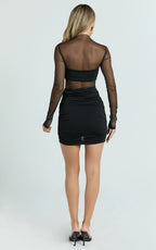 Zoe Mini Dress - Long Sleeve Mesh Dress in Black