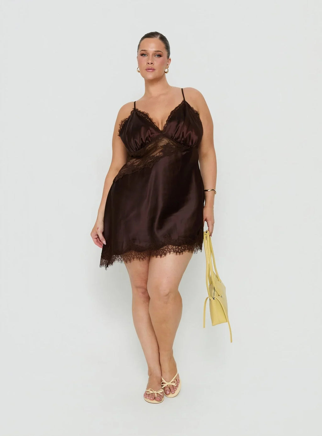 Raines Asymmetrical Lace Mini Dress Brown Curve