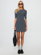 Evyna Boat Neck 3/4 Sleeve Mini Dress Navy Stripe