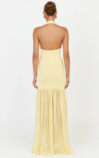 Barbara Maxi Dress - Halter Scoop Neck Contrast Georgette Dress in Lemon