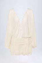 Lace-Up Balloon-Sleeve Mini Dress in Ivory