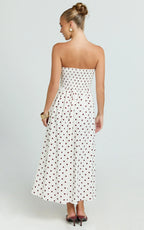 Polly Midi Dress - Strapless Ruched Dress in Red Polka Dot