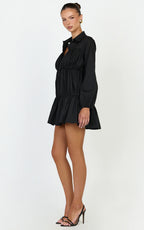 Elodie Mini Dress - Button Down Ruched Tiered Smock Dress in Black