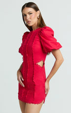 Laila Mini Linen Blend Dress - High Neck Side Cut Out Puff Sleeve Straight Dress in Red