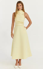 Macy Midi Dress - High Neck A Line Dress in Lemon