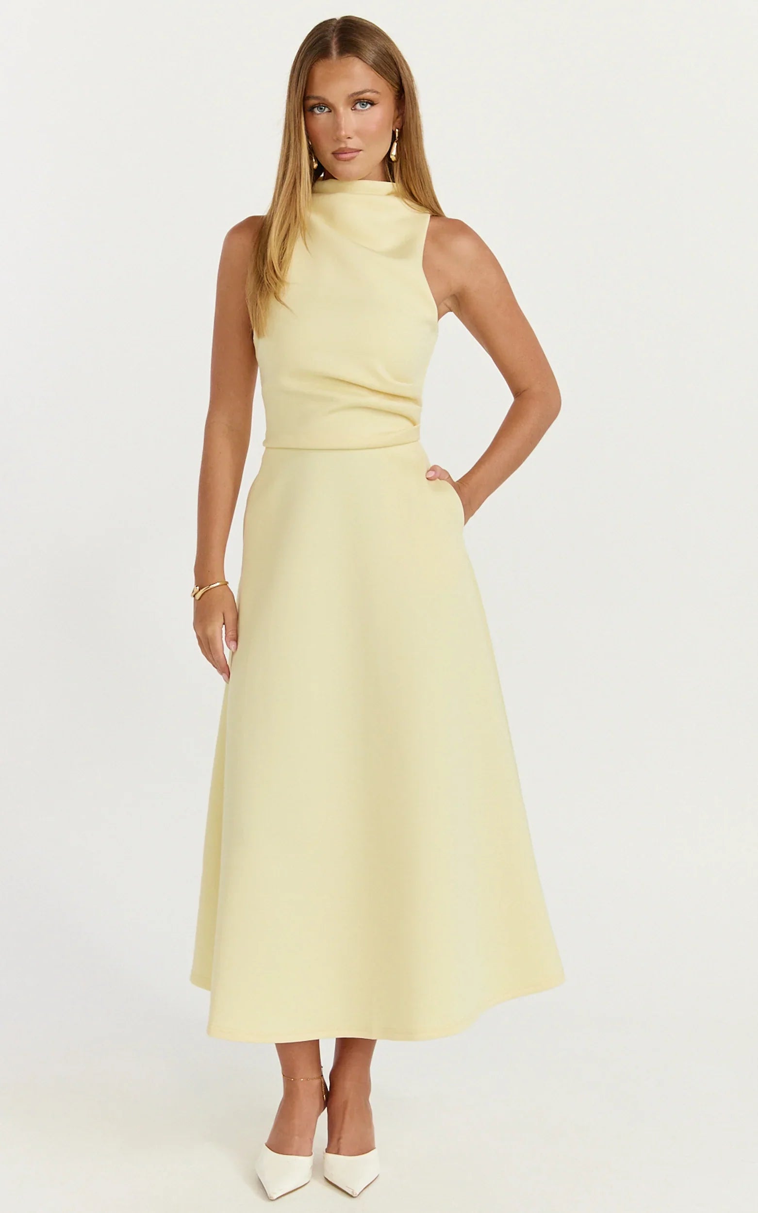 Macy Midi Dress - High Neck A Line Dress in Lemon