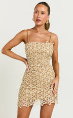 Ivy Mini Dress - Strappy Straight Neck Lace Detail Dress in Natural