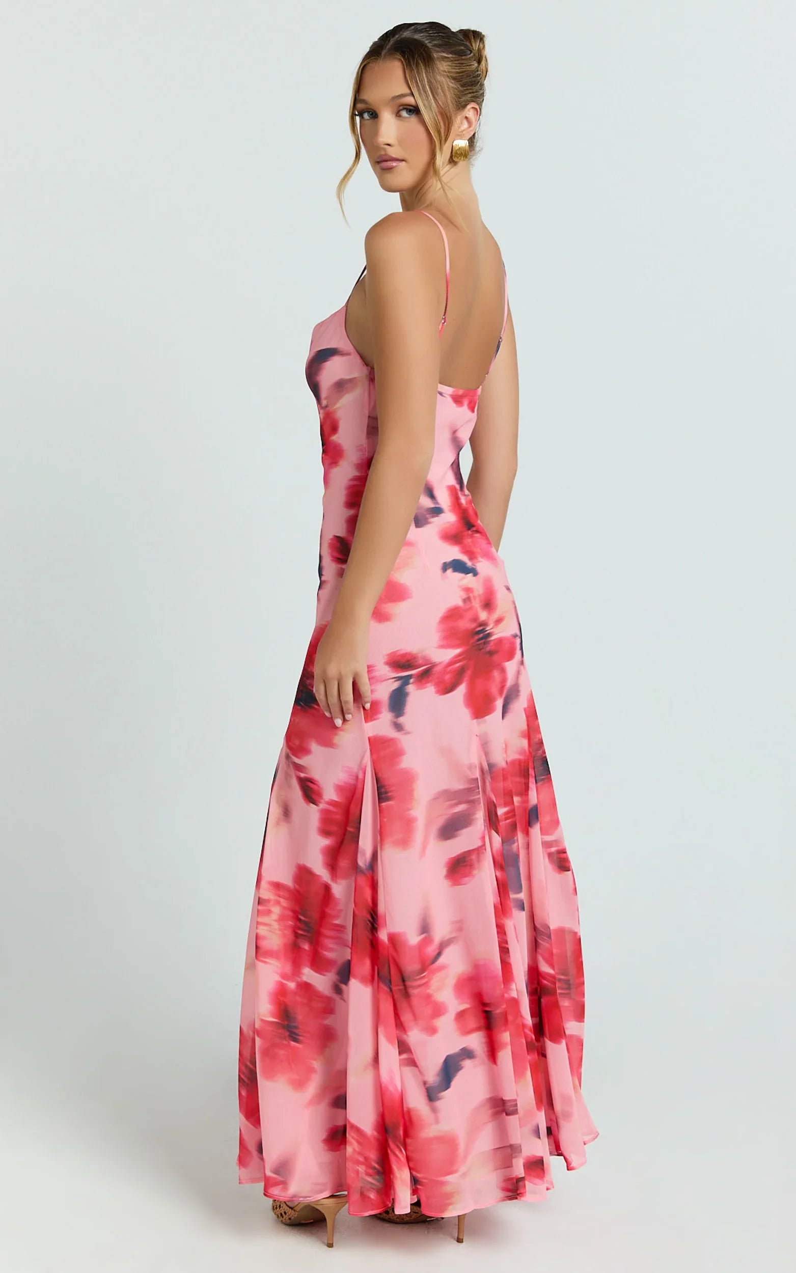 Claudia Maxi Dress - Floral Cowl Neck Godet Dress in Pink Floral